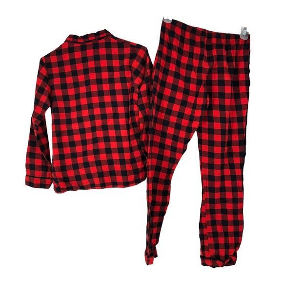 Red Black Buffalo Plaid Flannel Pajama Set XS Long Sleeve Button Top & Pants - Picture 4 of 9